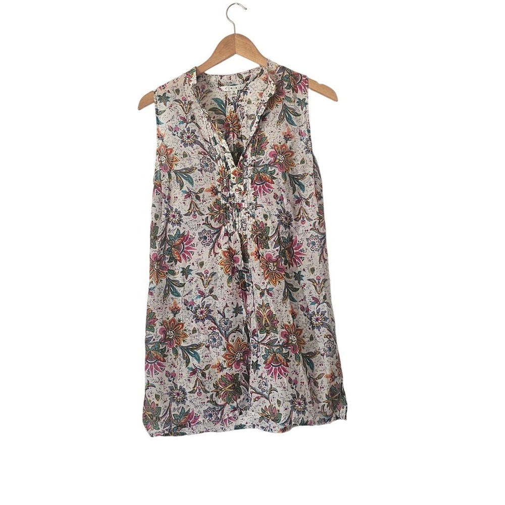CAbi Silk Cotton Floral Paisley Pintuck Boho Sleeveless Blouse Sz S Artsy Resort